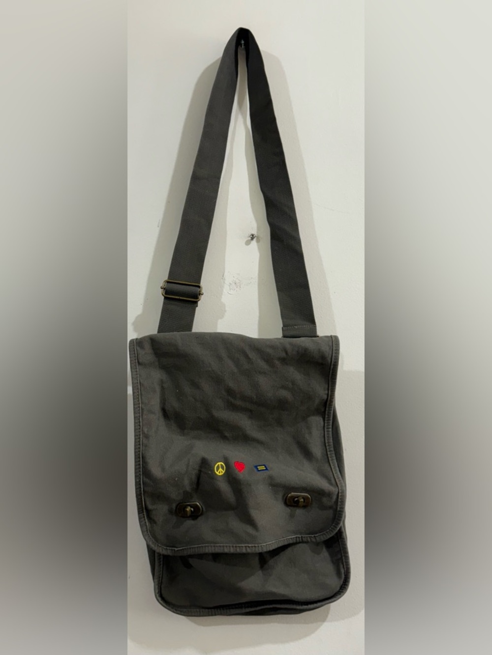 Garment Washed Men's Dark Gray Canvas Messenger Bag with Embroidered Icons